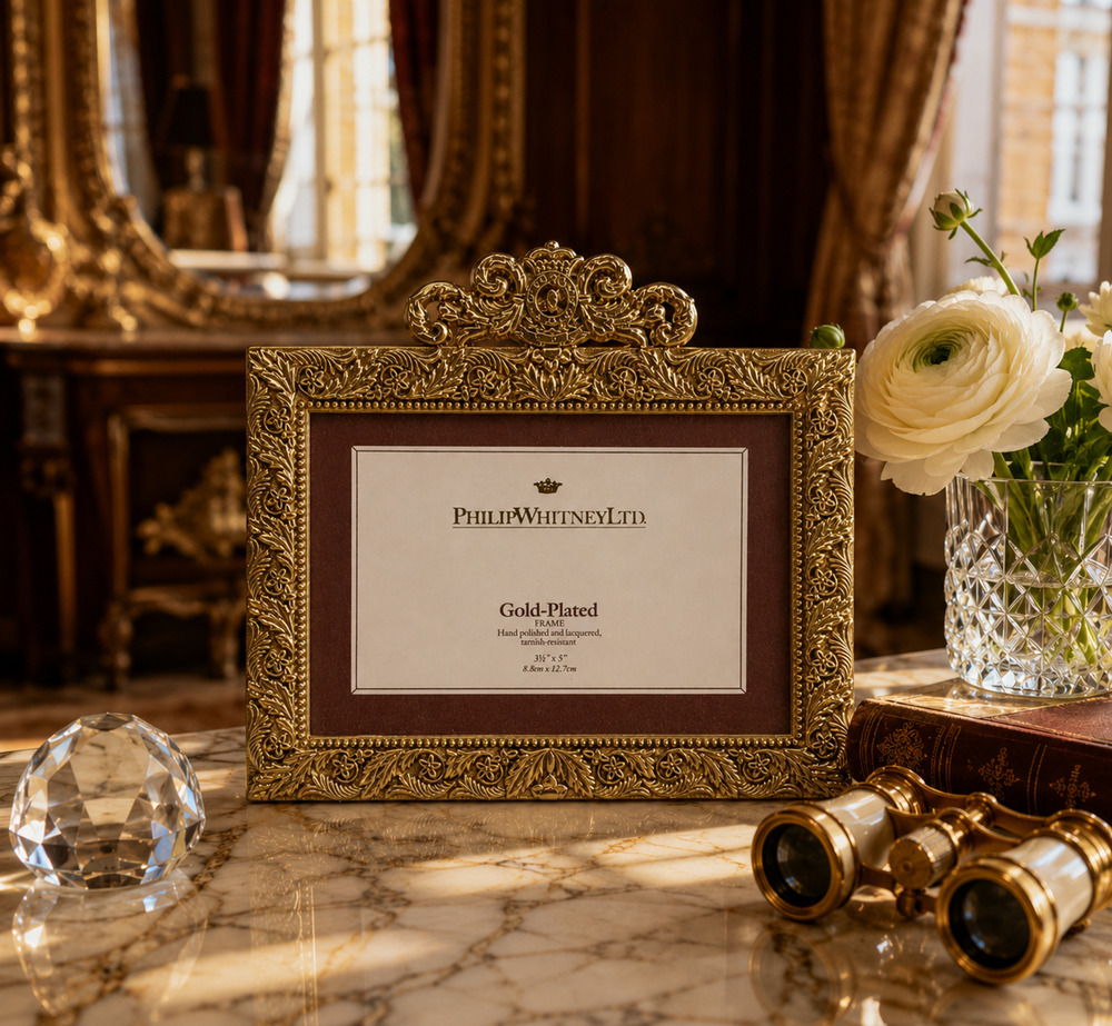 Vintage Philip Whitney Gold Plated 3.5x5 Ornate Picture Frame Korea Floral
